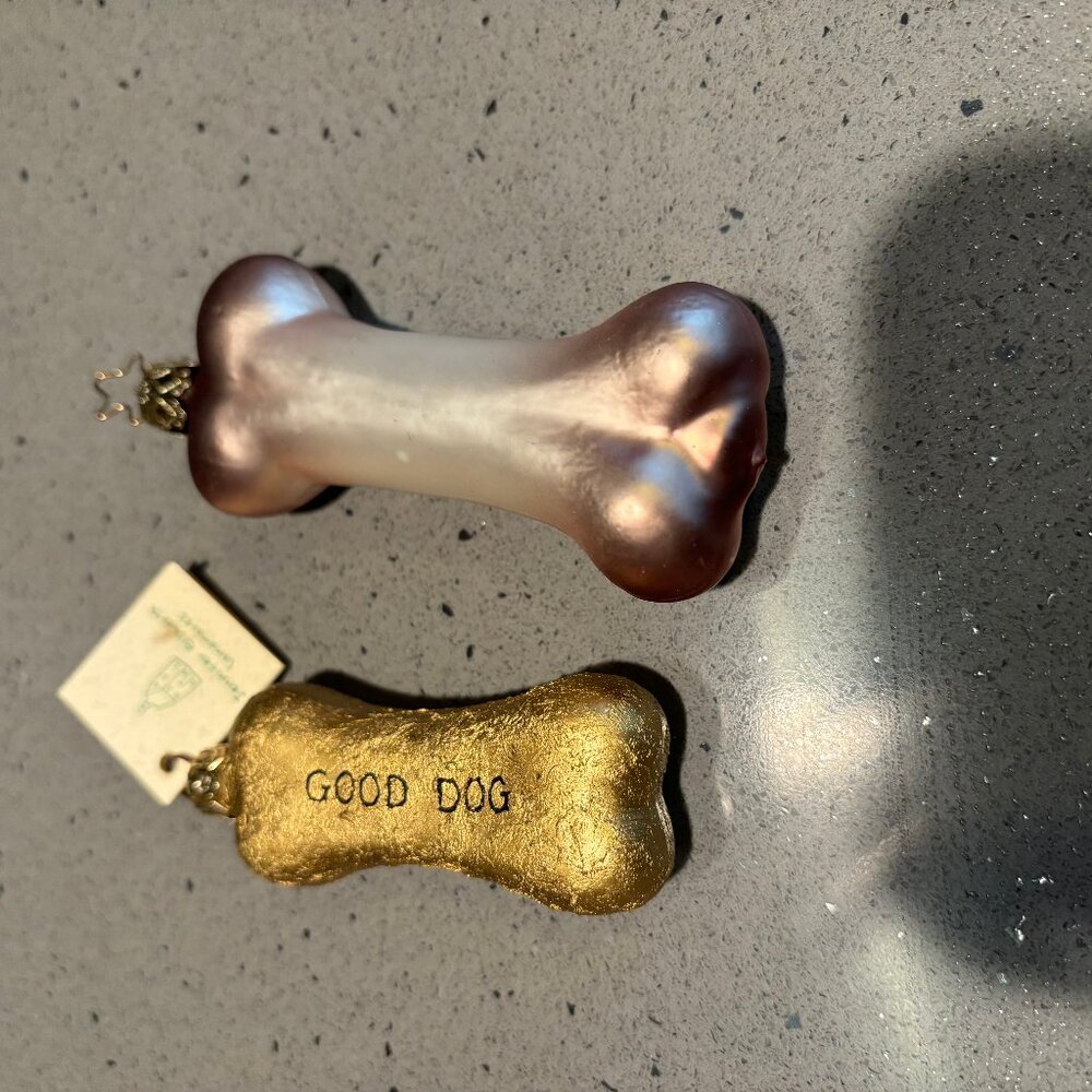 2 vintage handblown glass dog bone ornaments